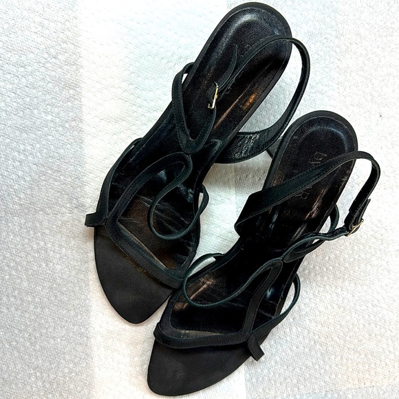 By FAR Brigette Sandals Black Satin- gently used - Picture 1 of 4